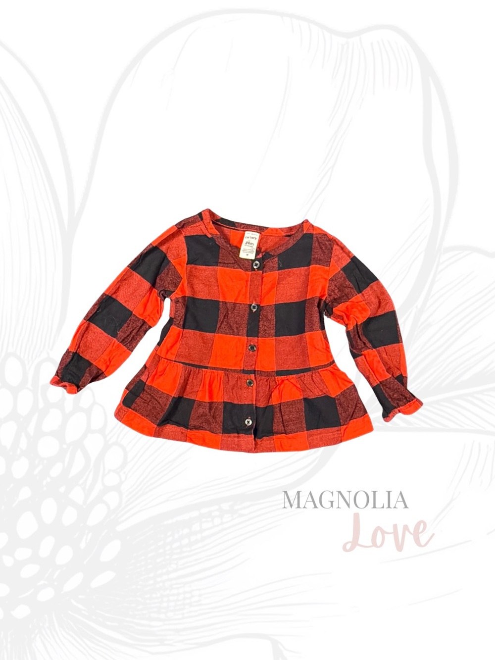 🦬 Carter’s Red Black Buffalo Check Plaid Girls Shirt Top 24M Inside Name Stamp